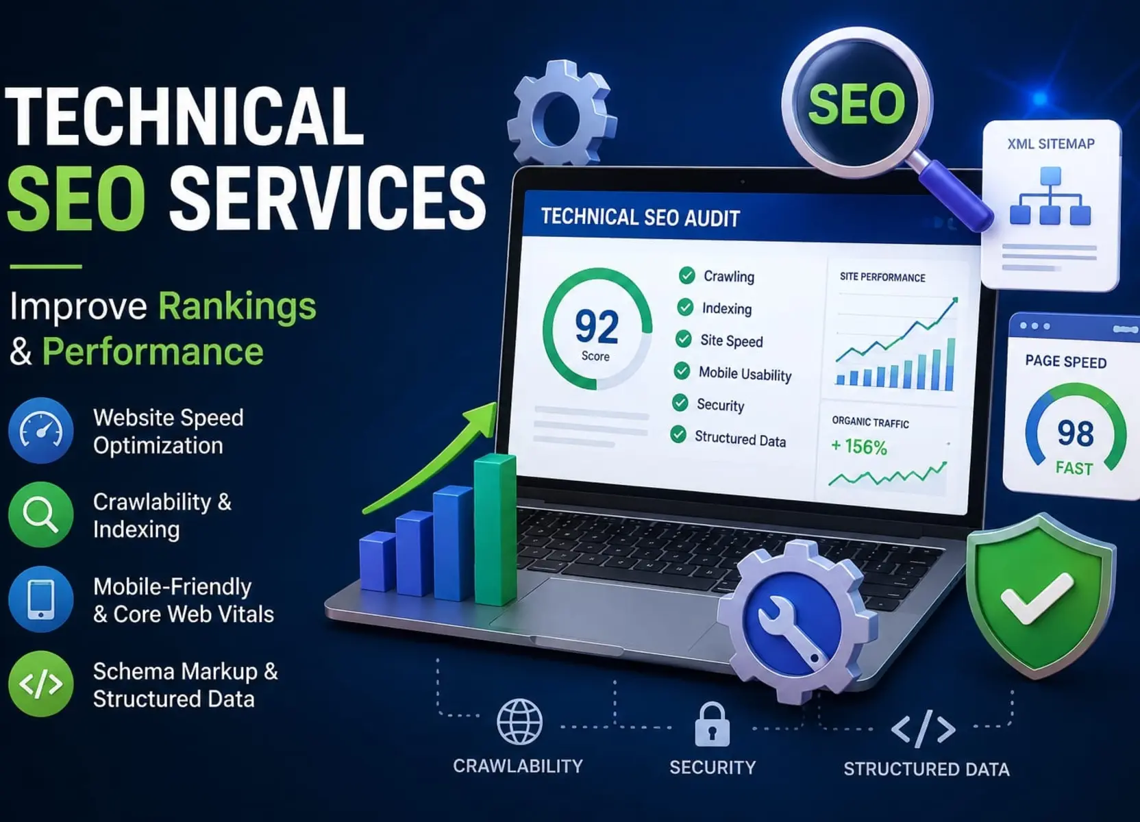 technical seo services dashboard showing website optimization, SEO audit, page speed, and improve ranking.
